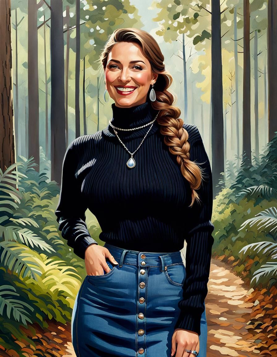 Attractive Woman Poses in Forest as Oil Painting
