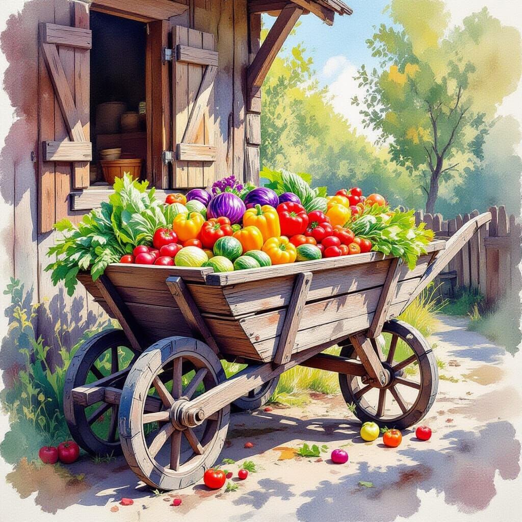 Vibrant Farm Produce in Expressive Watercolor Wheelbarrow