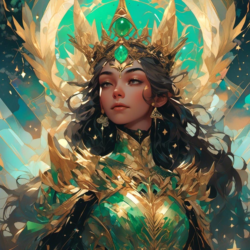 Celestial Queen in Emerald and Gold, Cosmic Illustration