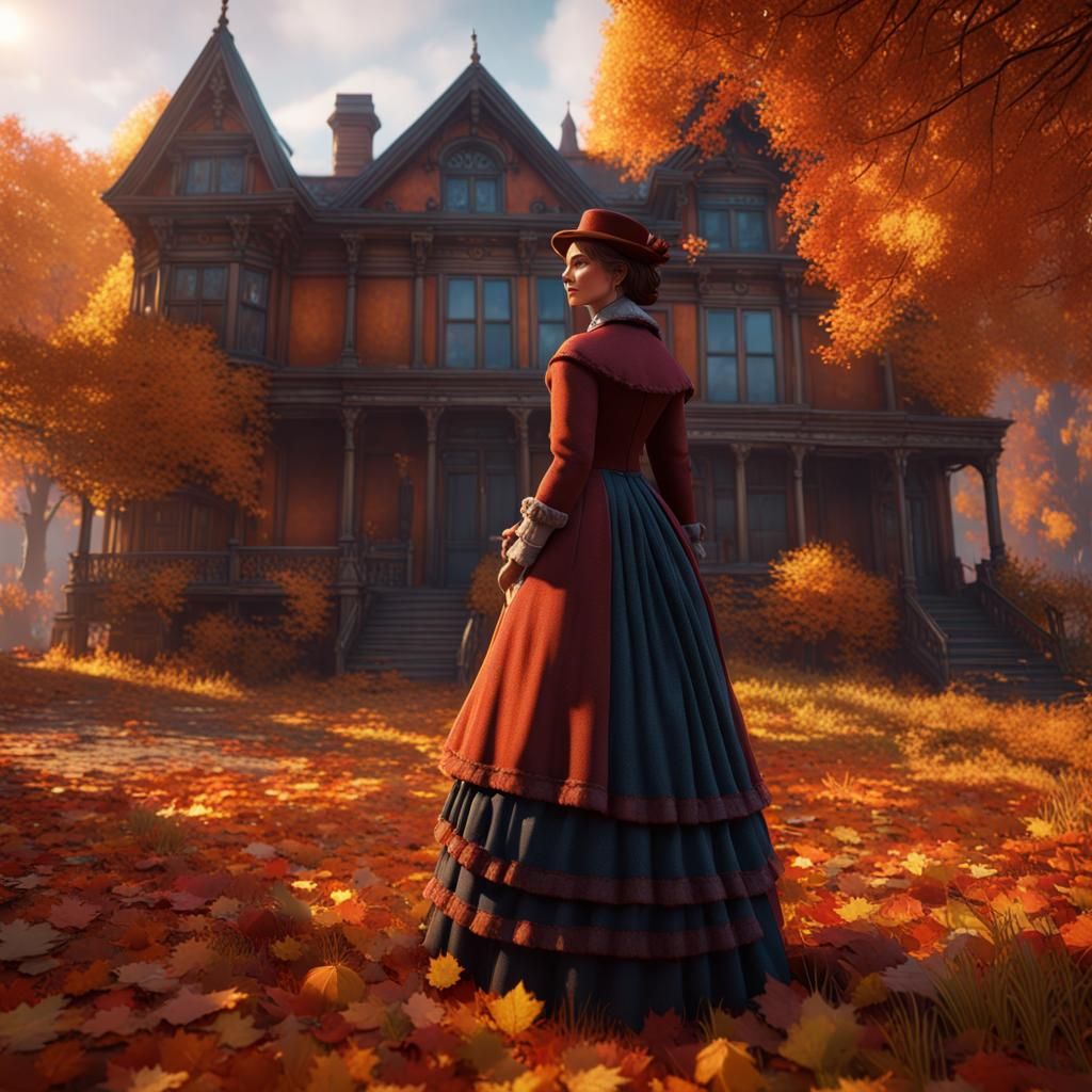 Cozy Autumnal Woman in Cinematic 3D Style