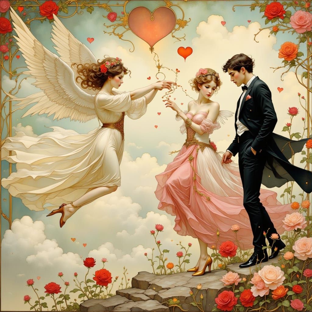 Cupid's Arrow: A Romantic Art Nouveau Scene