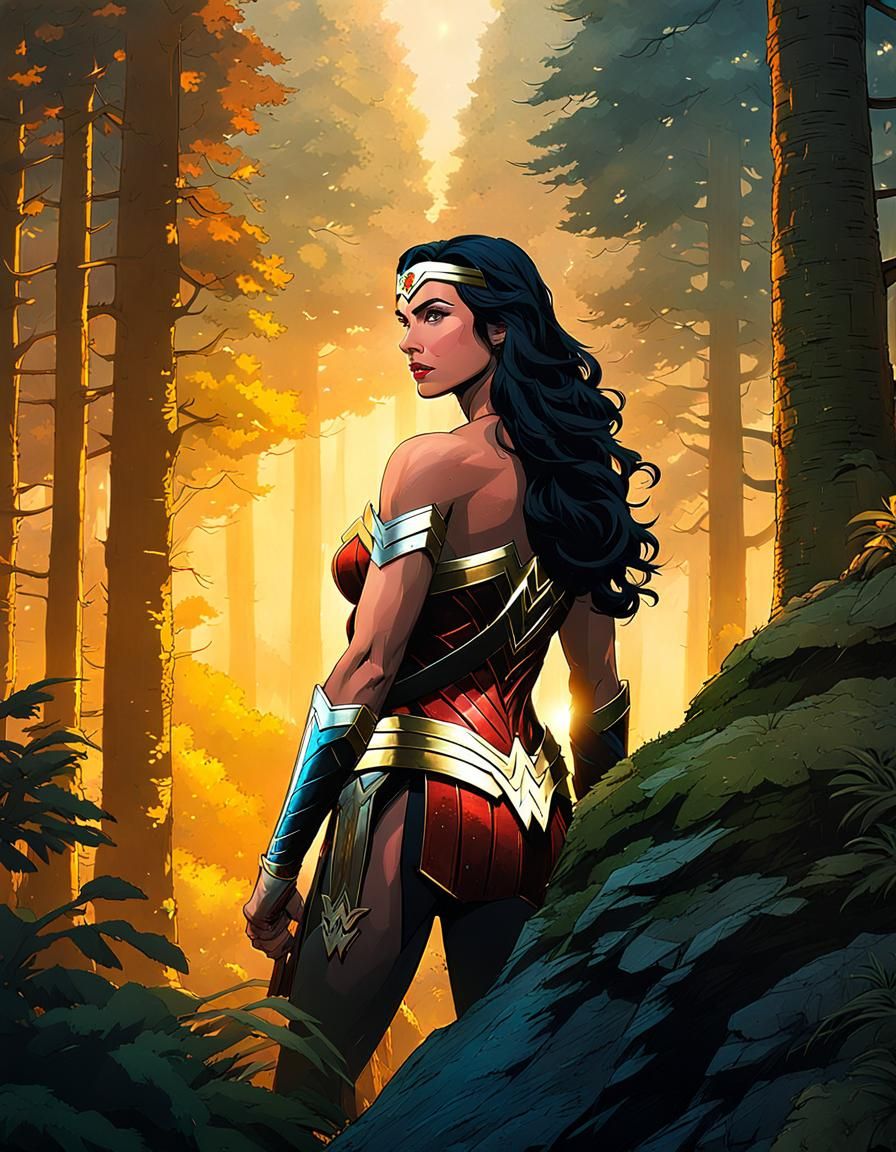 Wonder Woman in Golden Hour Mountain Retreat