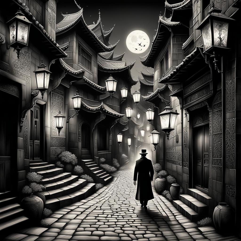 Monochrome Ink Fractal Art of a Cobbled Street