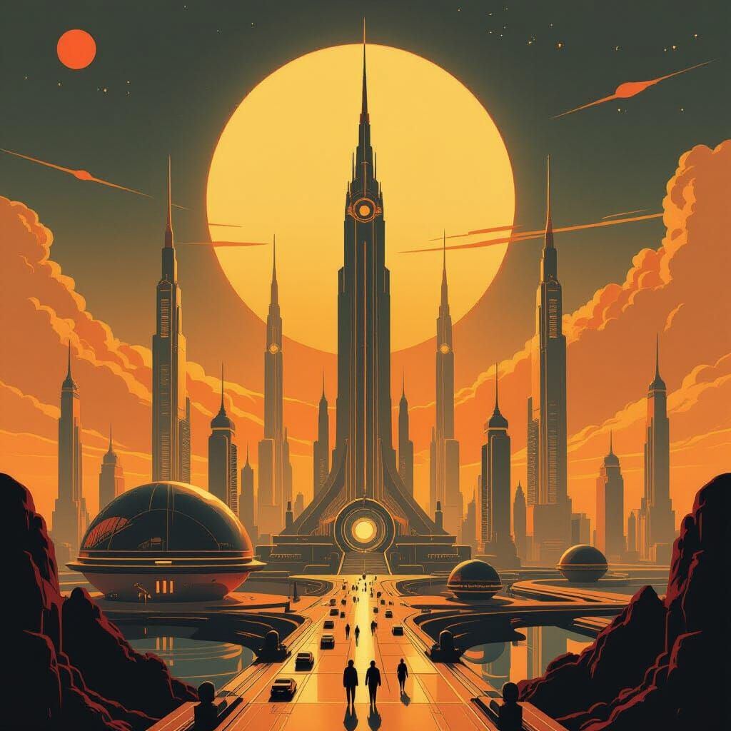 Retro-Futuristic Cityscape with Art Deco Spires