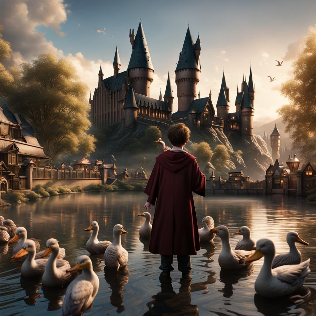 Harry Potter Feeding Ducks: Realistic Matte Painting