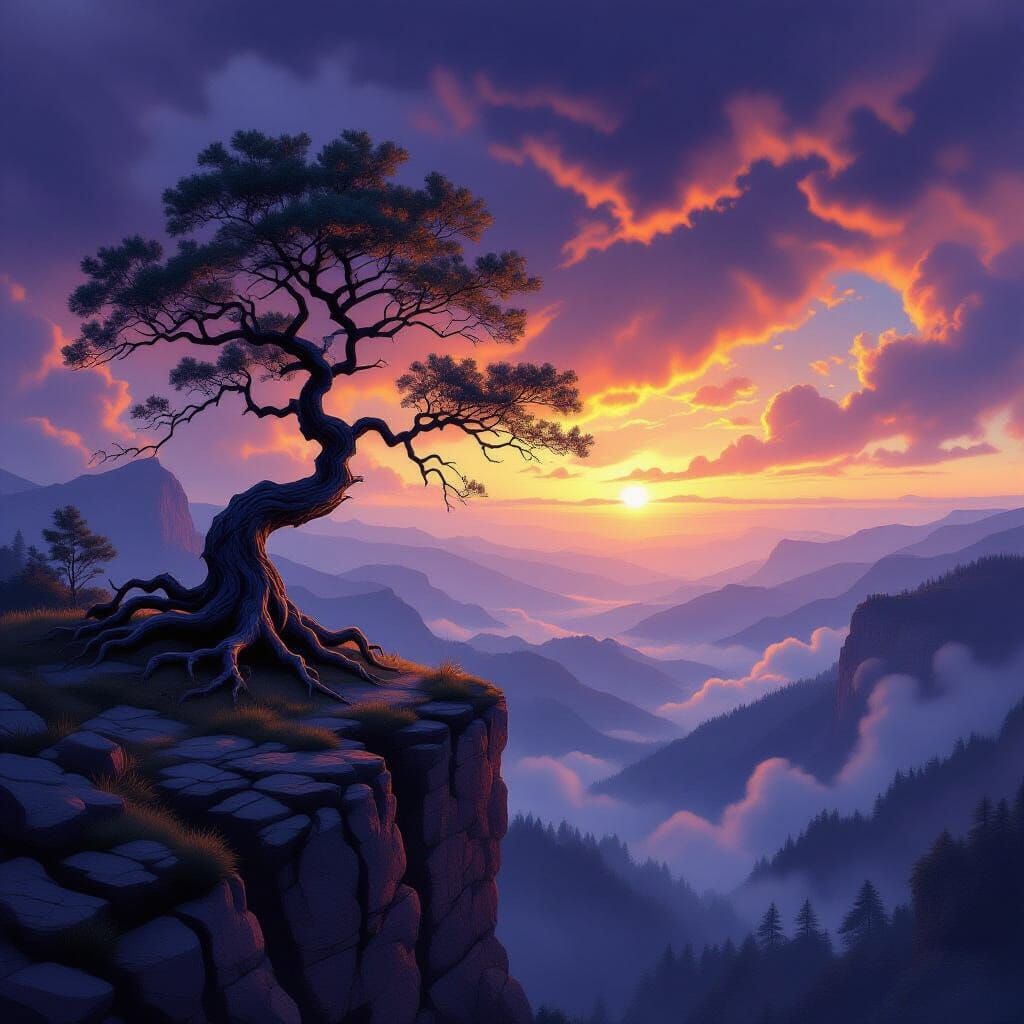 Ancient Tree on Windswept Cliff Overlooking Stormy Valley