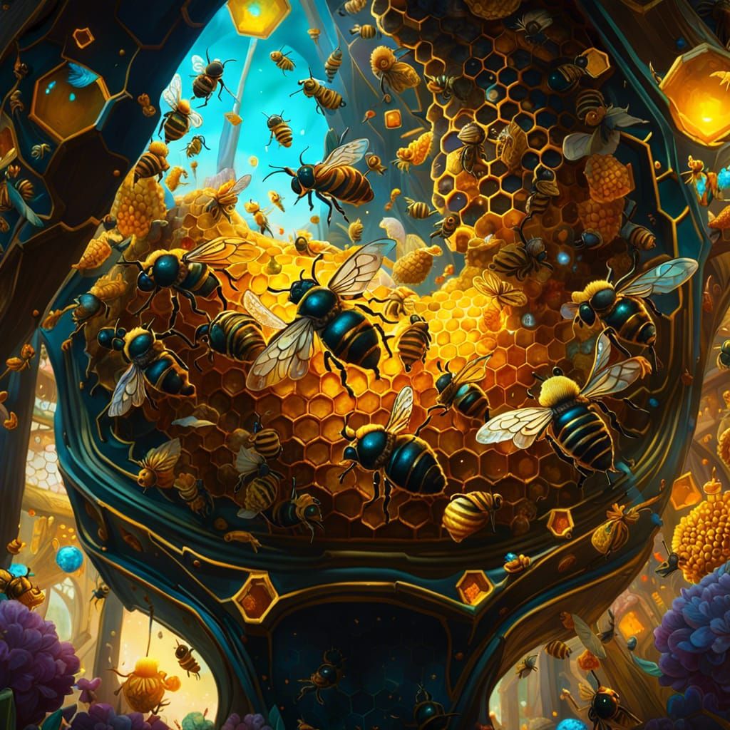 Detailed Beehive Interior with Honeybees in Fantasycore Styl...