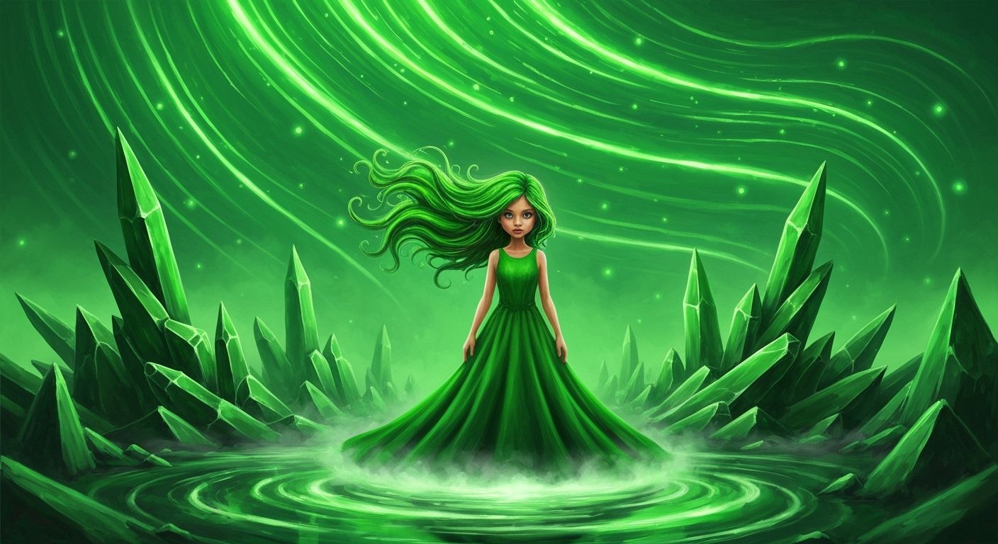 Emerald Girl in Fantasy Landscape: Impasto Acrylic Art