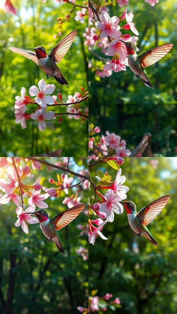 Vibrant Hummingbird in Hyperrealistic Cherry Blossom Scene