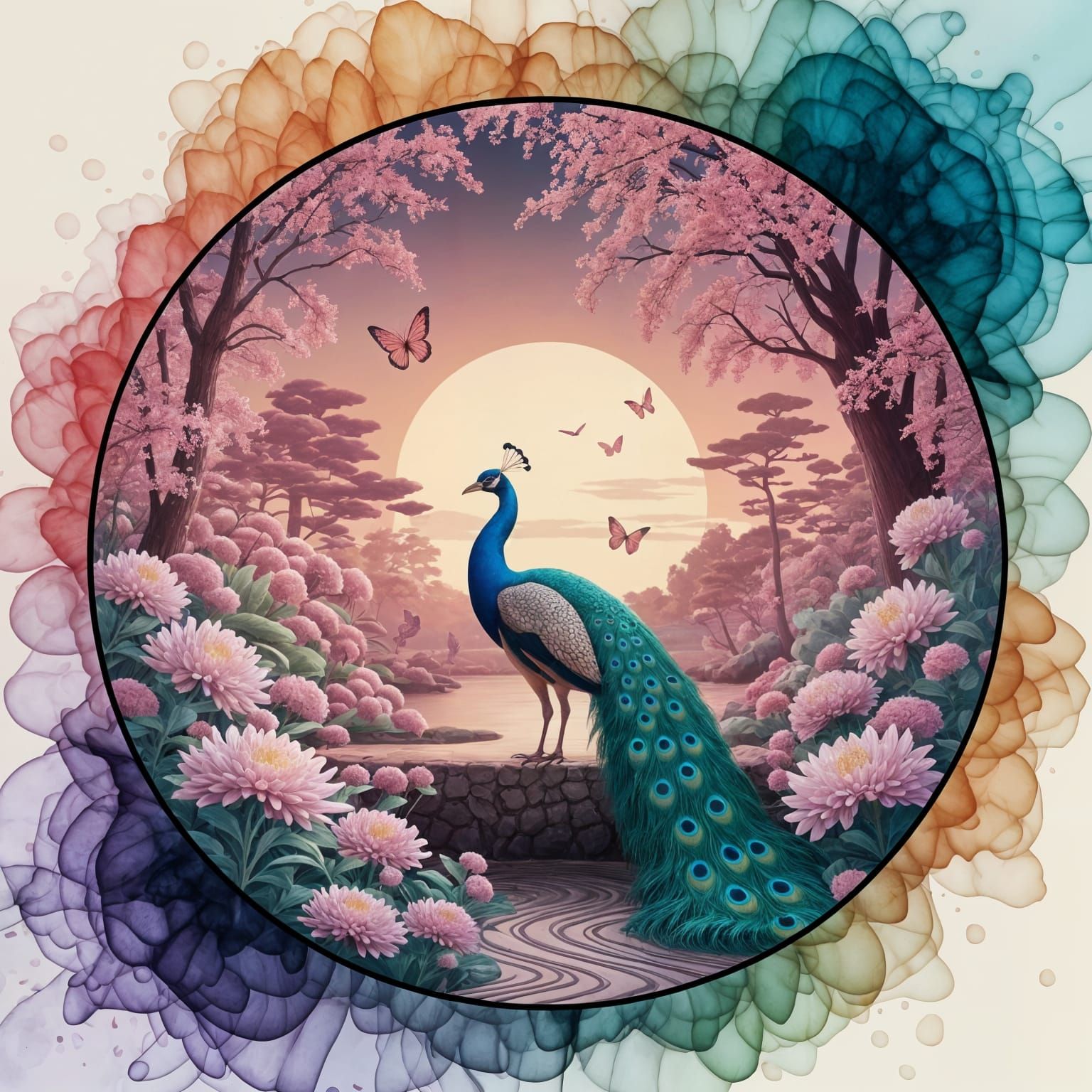 Peacock in Zen Garden at Pastel Sunset in Spring