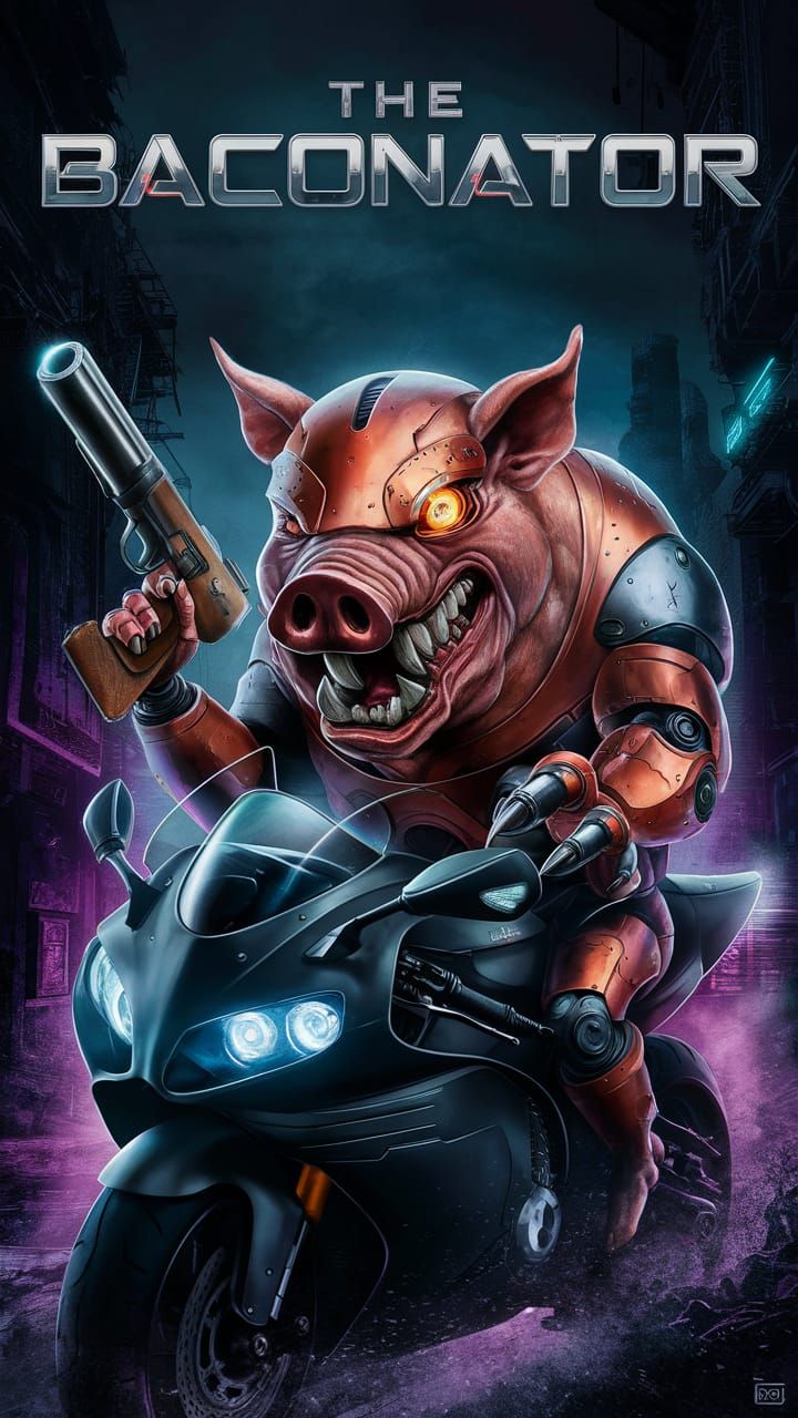 Cyborg Pig Rides Motorcycle in Futuristic Dystopia
