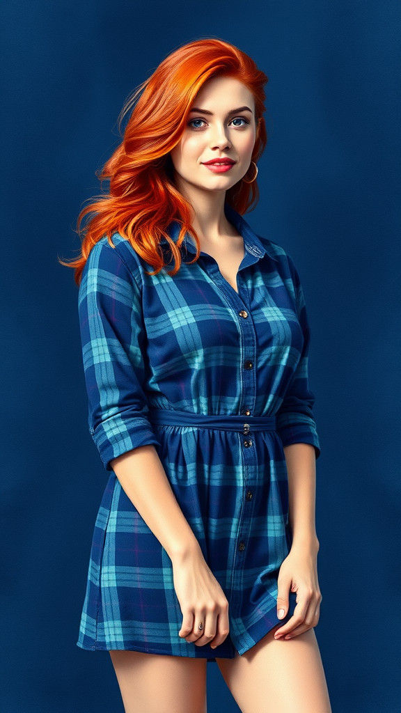 Plus-Size Redhead in Blue Plaid Dress, Watercolor Style