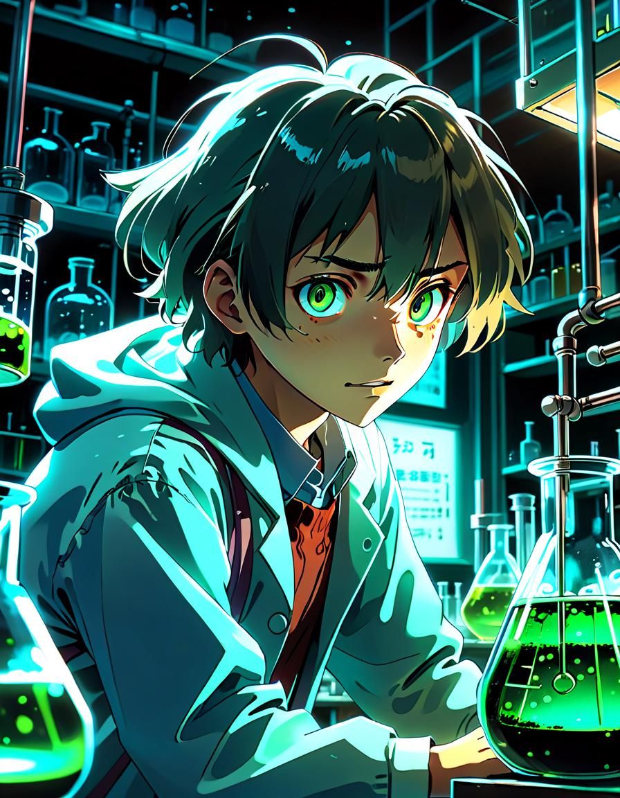 Young Scientist in Night Lab: Anime-Inspired Portrait