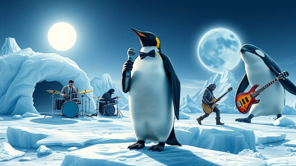 Penguin Rock Band on Antarctic Ice Stage