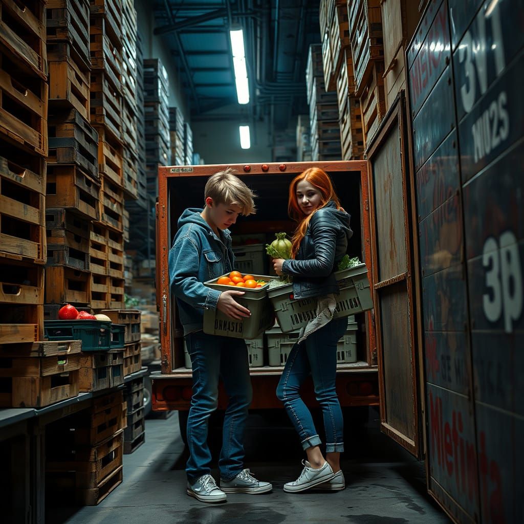 Teenagers Loading Produce in a Chicago Alleyway in Realistic...