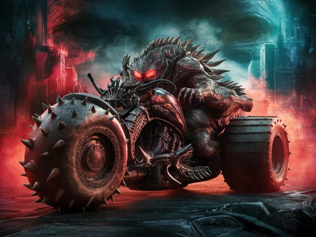 Monster Trike in Dystopian Cityscape
