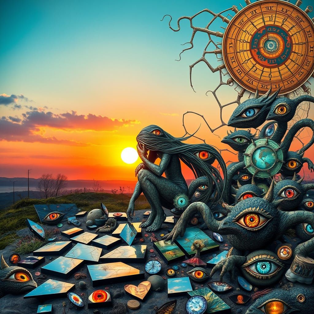 Surreal Fragmented Sculpture of Woman by Sunset