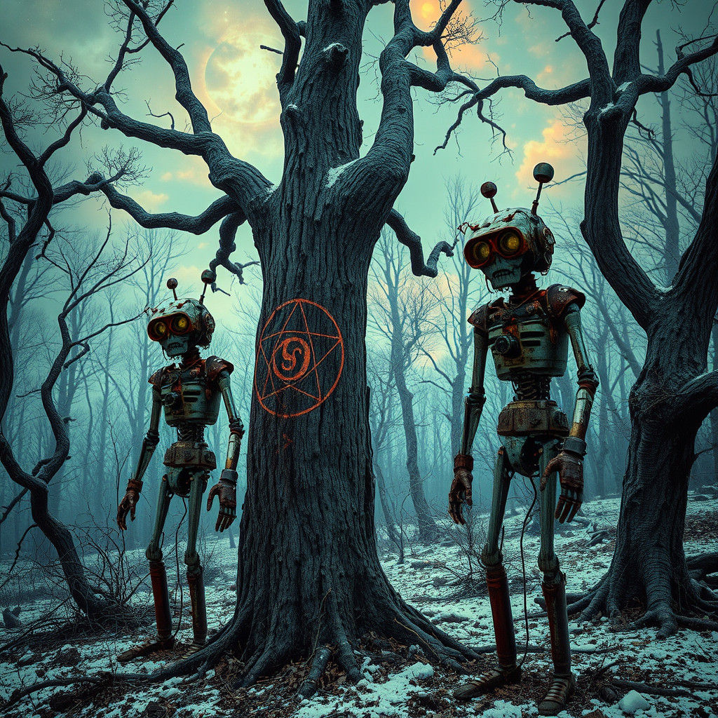 Dieselpunk Android Scarecrows in Winter Forest