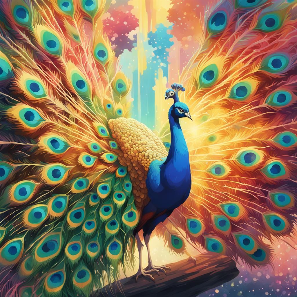 Rainbow Kaleidoscope Peacock in Anime Style