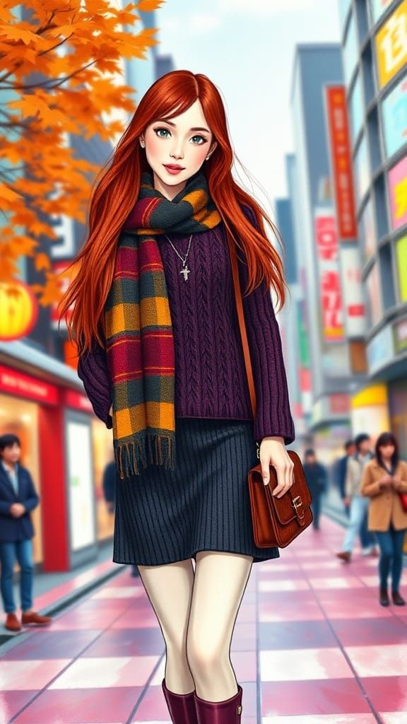 Japanese Woman in Shibuya Autumn Street Fashion Sketch