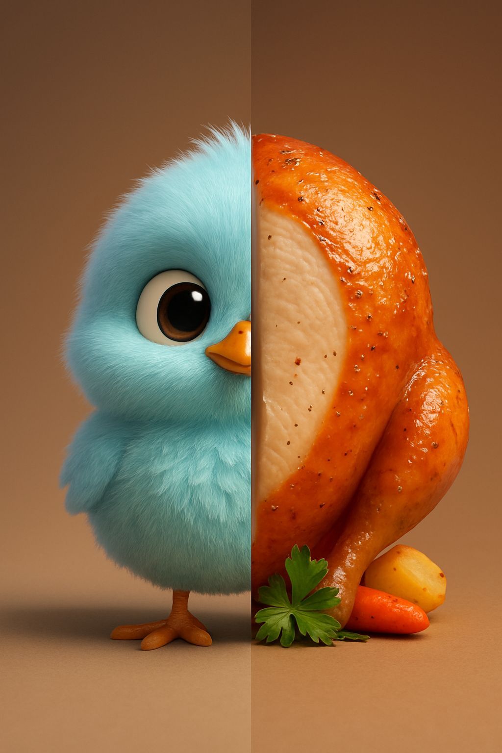 Cute Chick and Roasted Chicken in Pixar Style