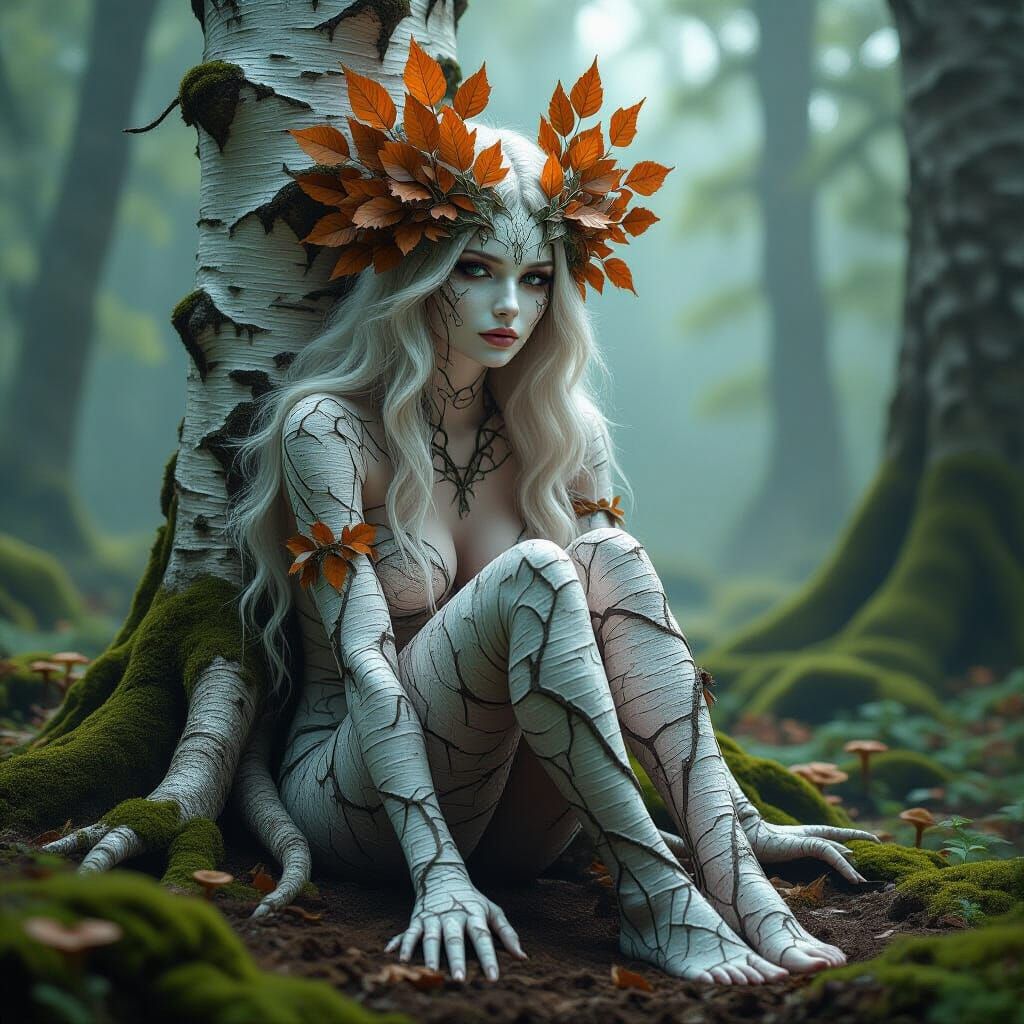 Ethereal Arboreal Deity Fused with Silver Birch Tree