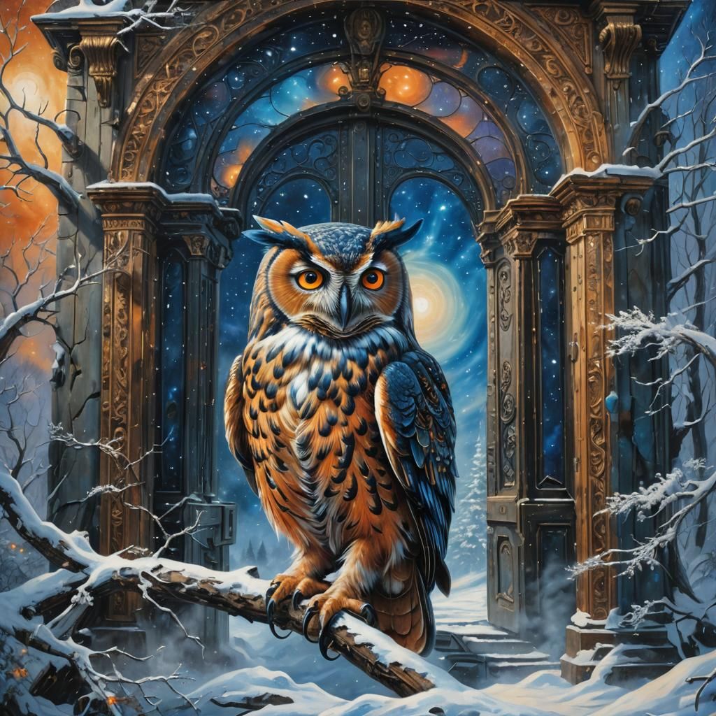 Surreal Owl Overlooking Cosmic Doorway in Dreamscape