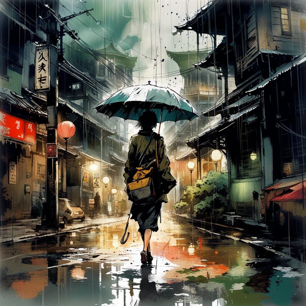 Japanese Woman with Umbrella in Rain, Photorealistic Style