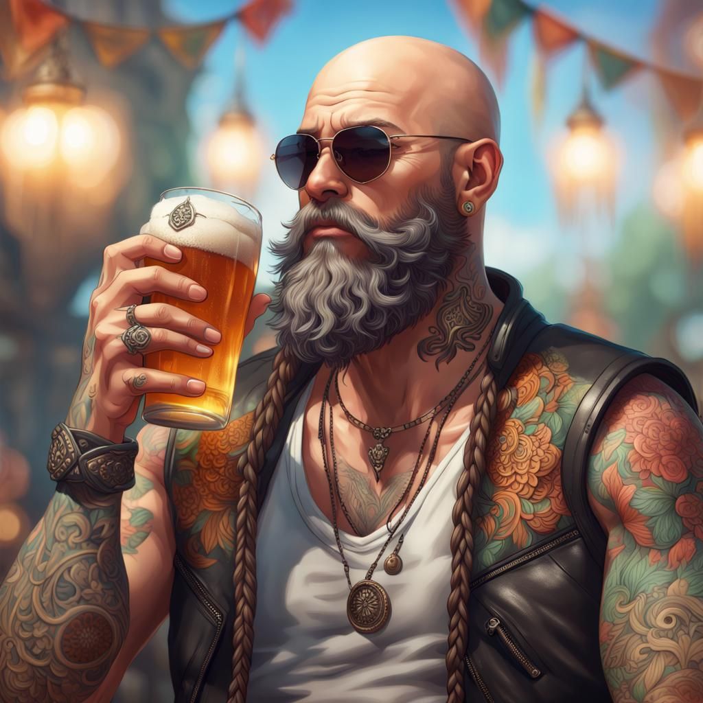 Biker Portrait with Braided Beard in Detailed Digital Art