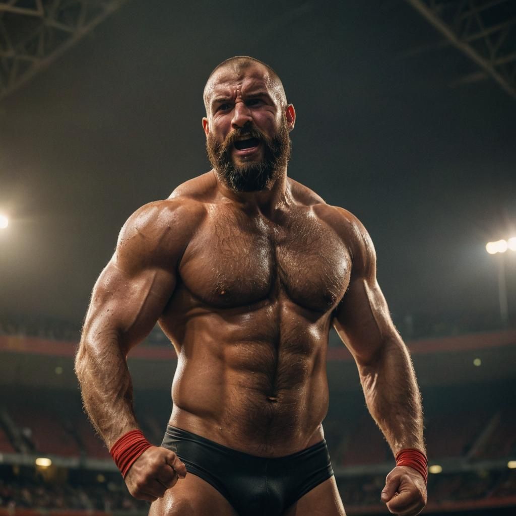 Triumphant Berber Wrestler in Stadium, Dynamic Lighting