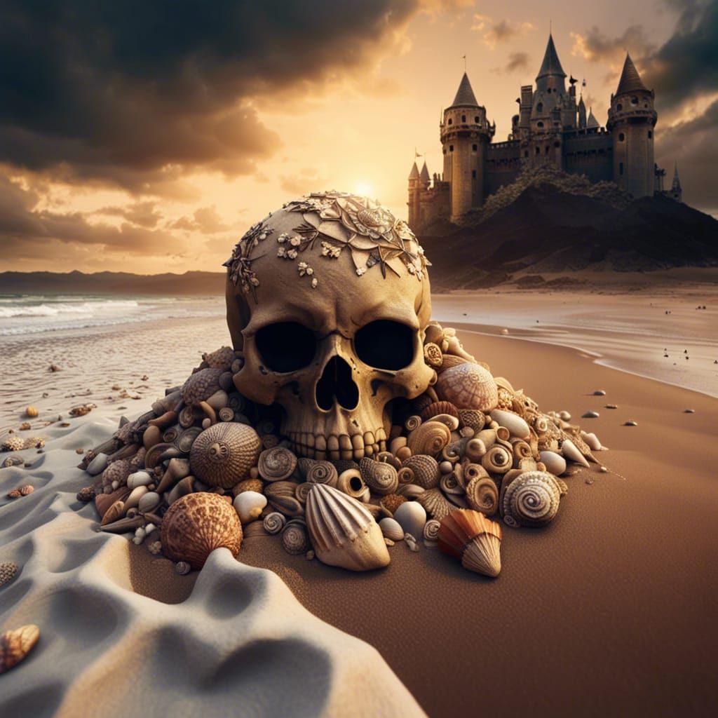 Skull Sandcastle on Stormy Beach at Sunset