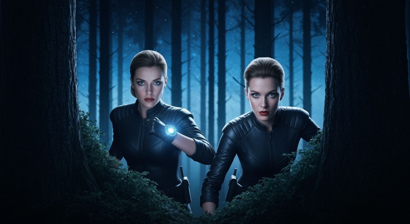 Women in Black Agents Emerge from Forest at Dusk