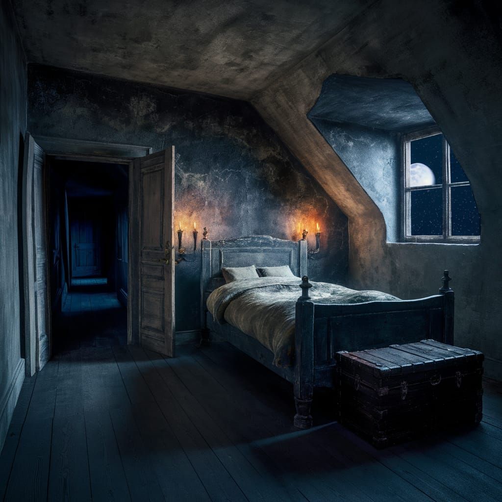 Eerie Candlelit Bedroom with Starry Night Sky