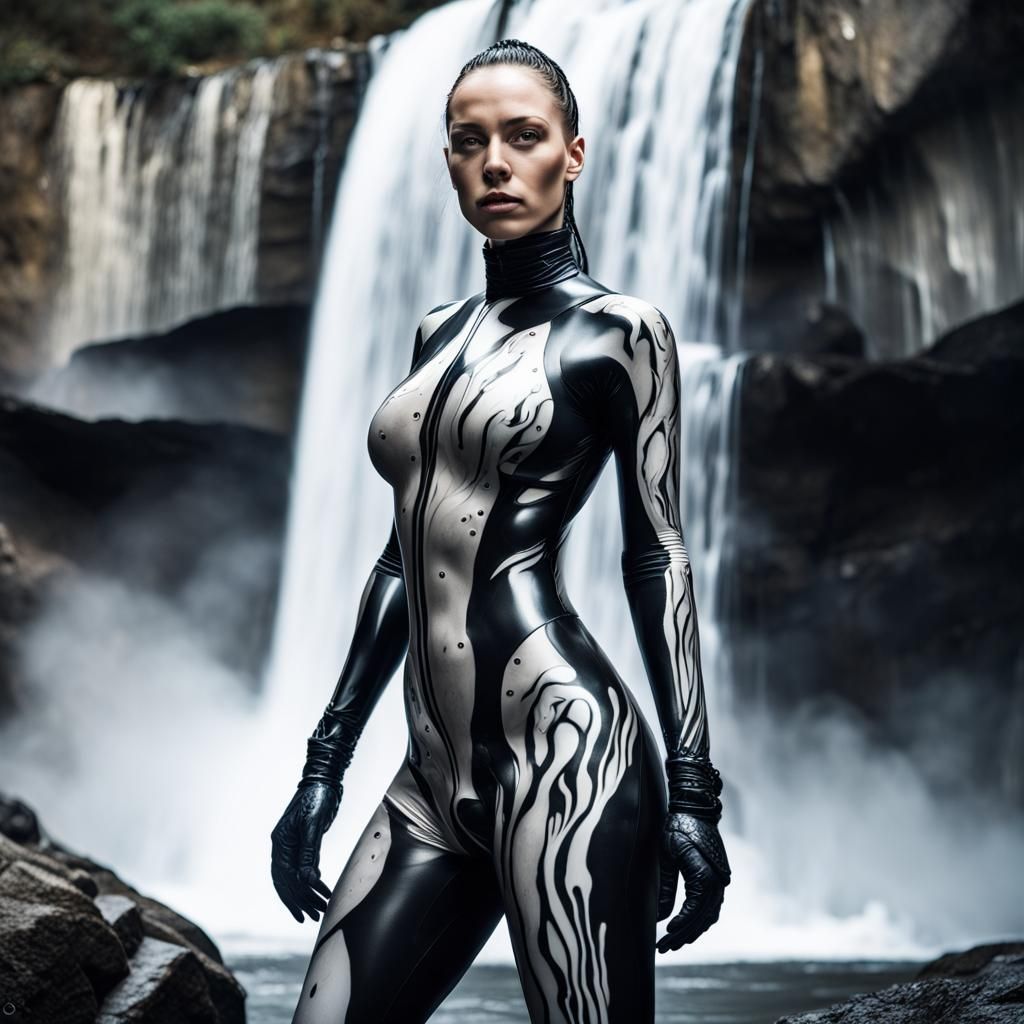 Cyborg Woman at Waterfall in Ink Painting Style