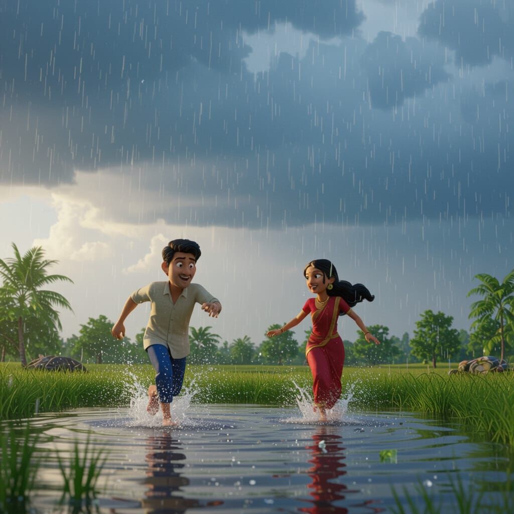 Joyful 3D Monsoon Scene With Raju And Sita