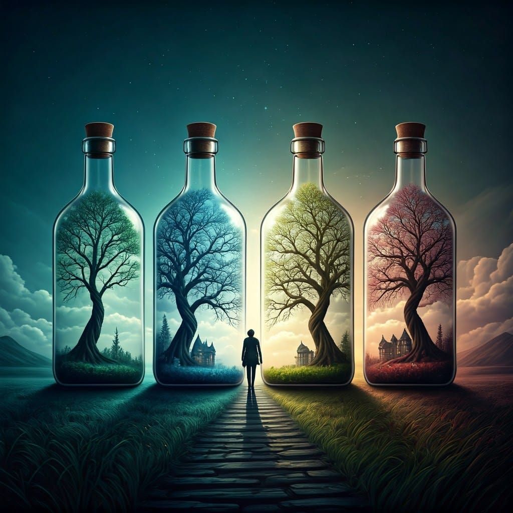 Four Seasons in Glass Bottles: Collage Art