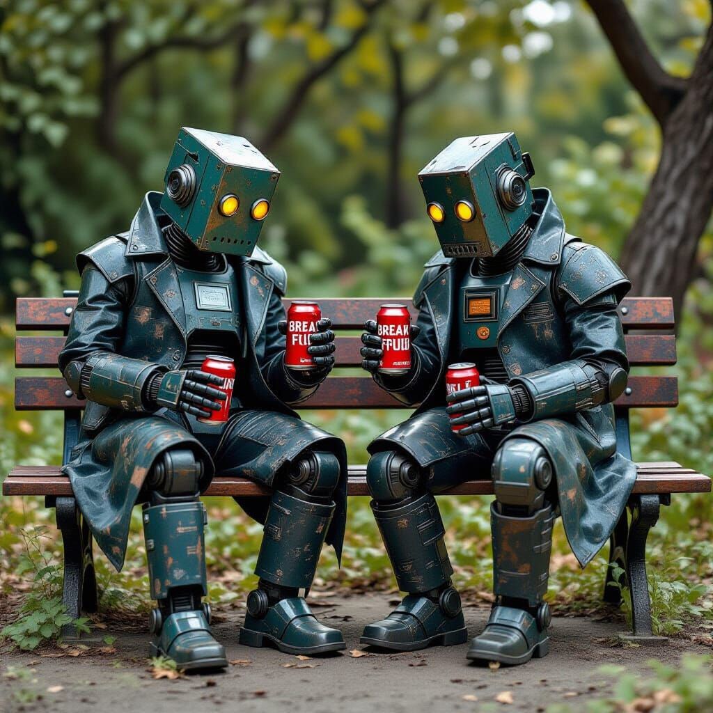 Robots Enjoying Break Fluid in Cyberpunk Style