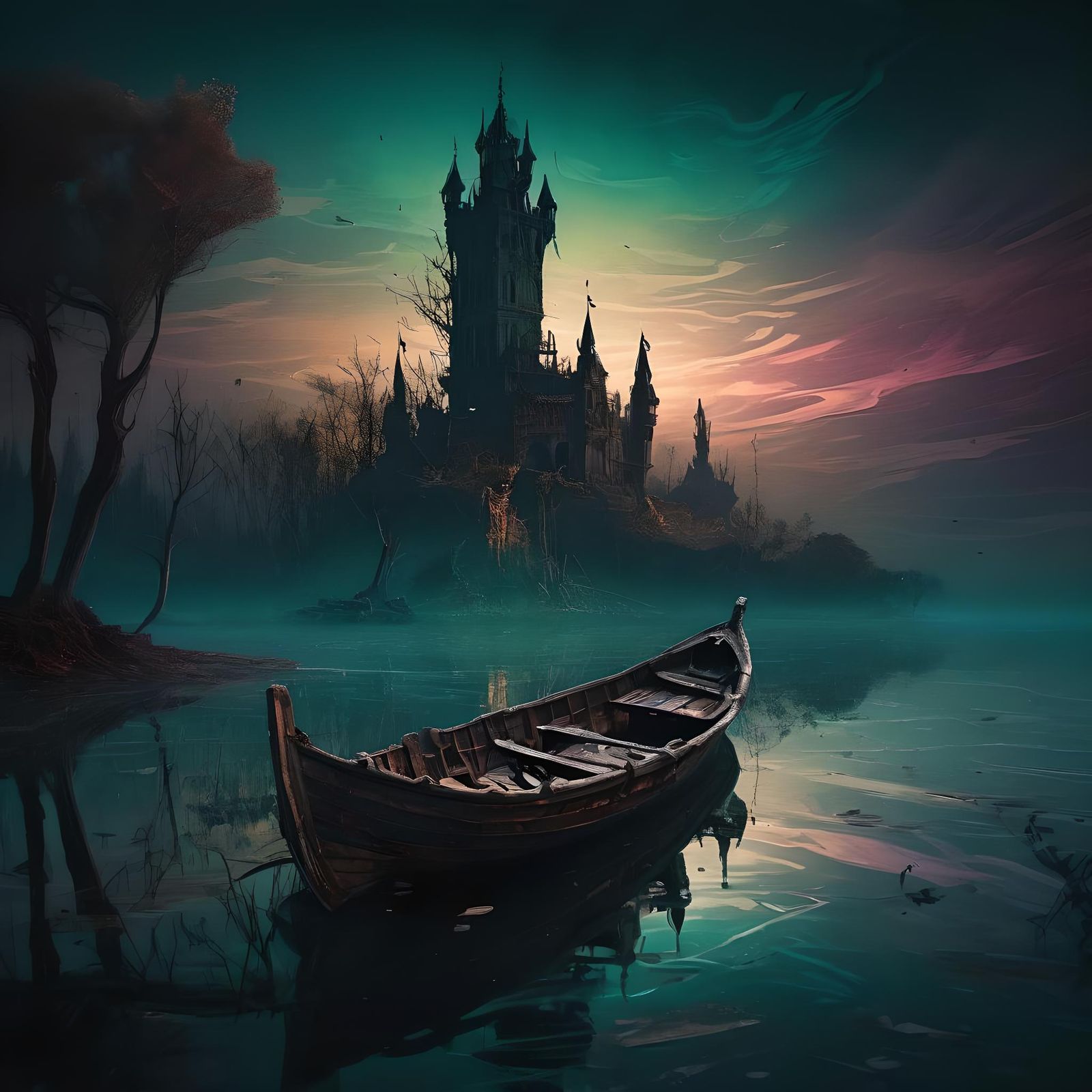 Eerie Haunted Tower on Misty Lake at Night