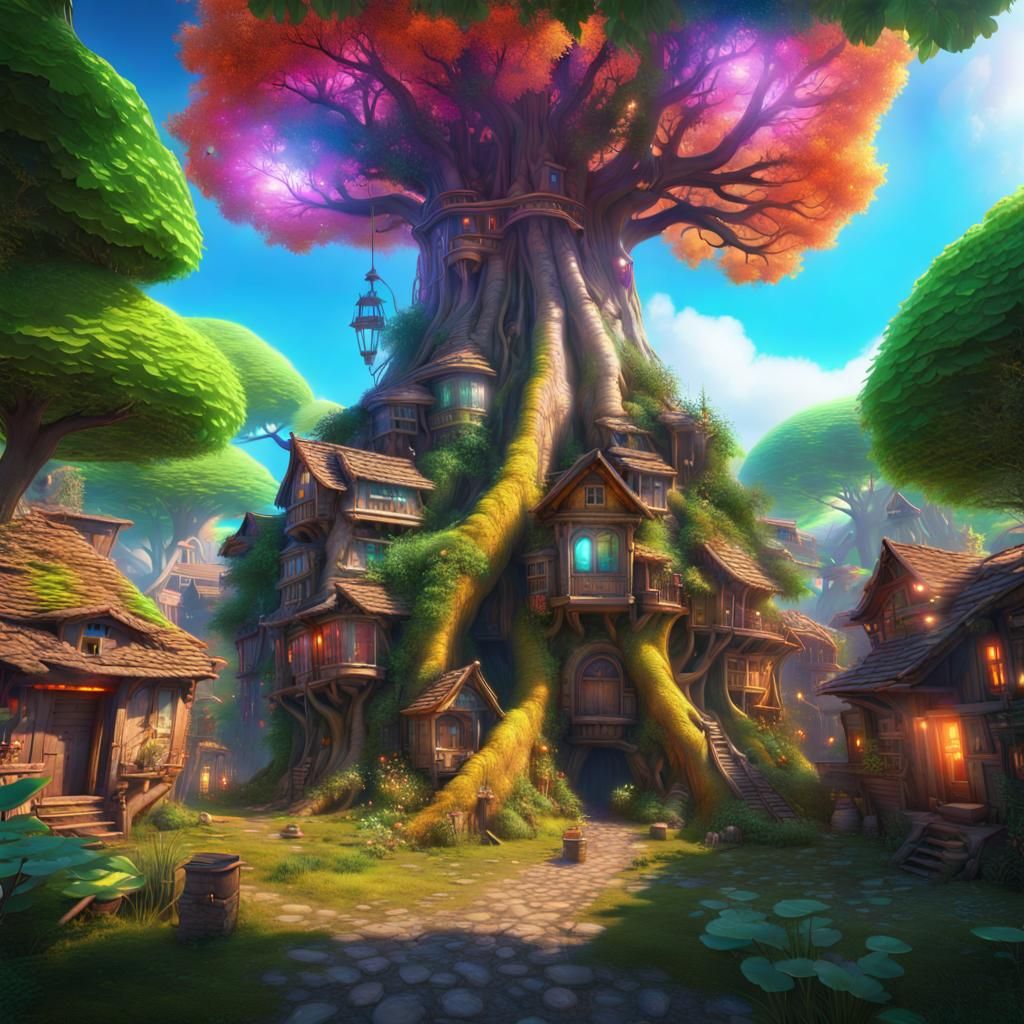 Giant Tree City Village with Neon Plants