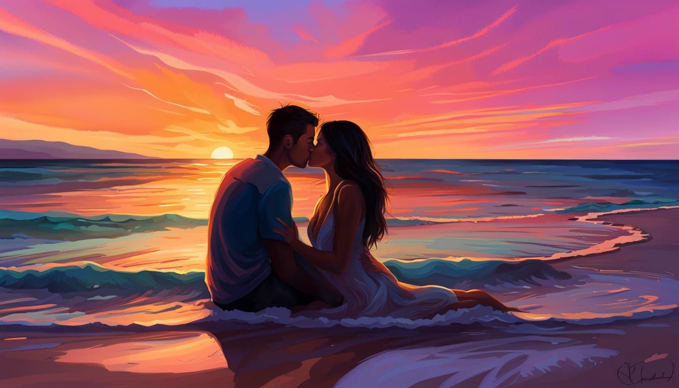 Romantic Beach Kiss Digital Painting
