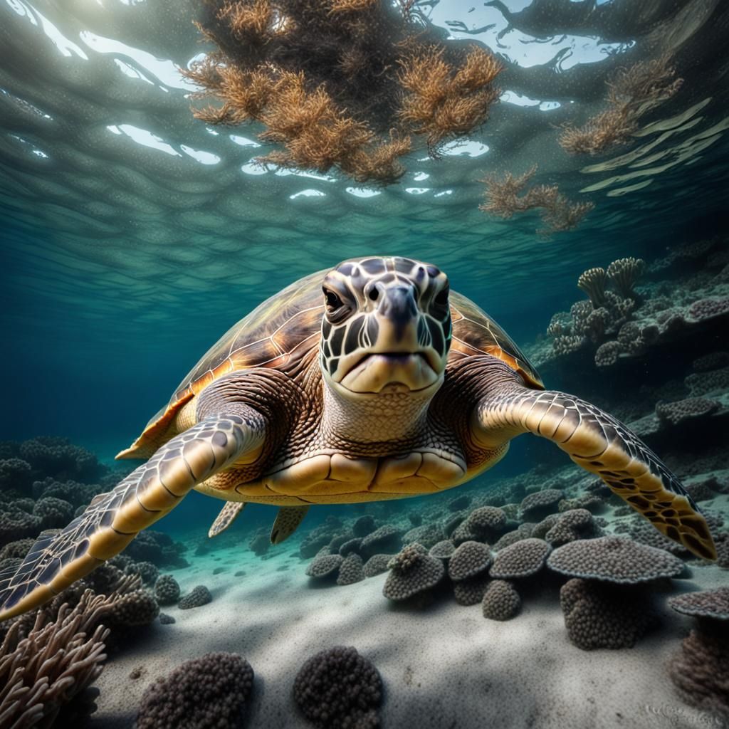 Hyperrealistic Sea Turtle Swimming in Cove