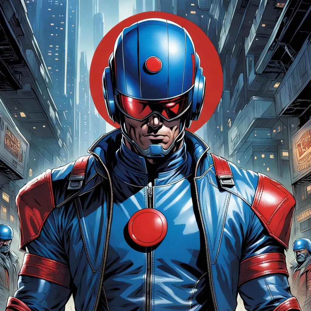 Comic Book Hero in Blue Helmet and Spandex