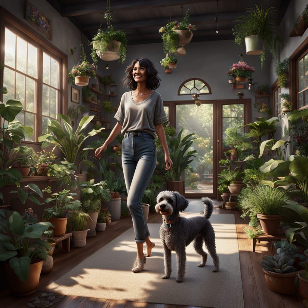 Bohemian Woman Dancing with Dogs in Hyperrealistic Style