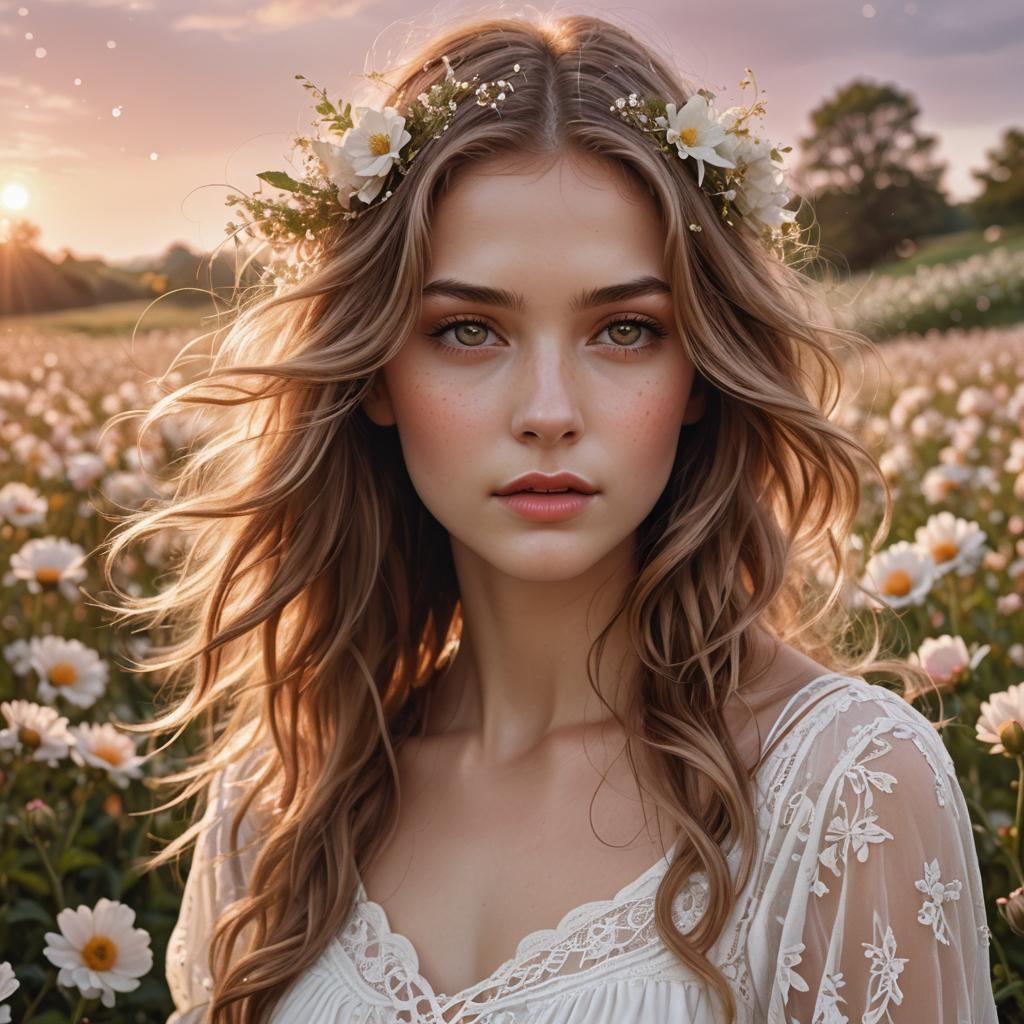 Ethereal Woman in Flowered Field: Digital Airbrush Art