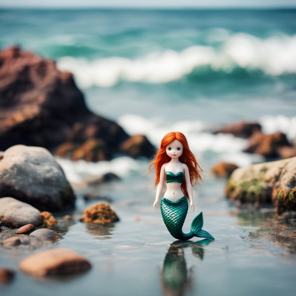 Miniature Redhead Mermaid on a Tilt-Shift Shore
