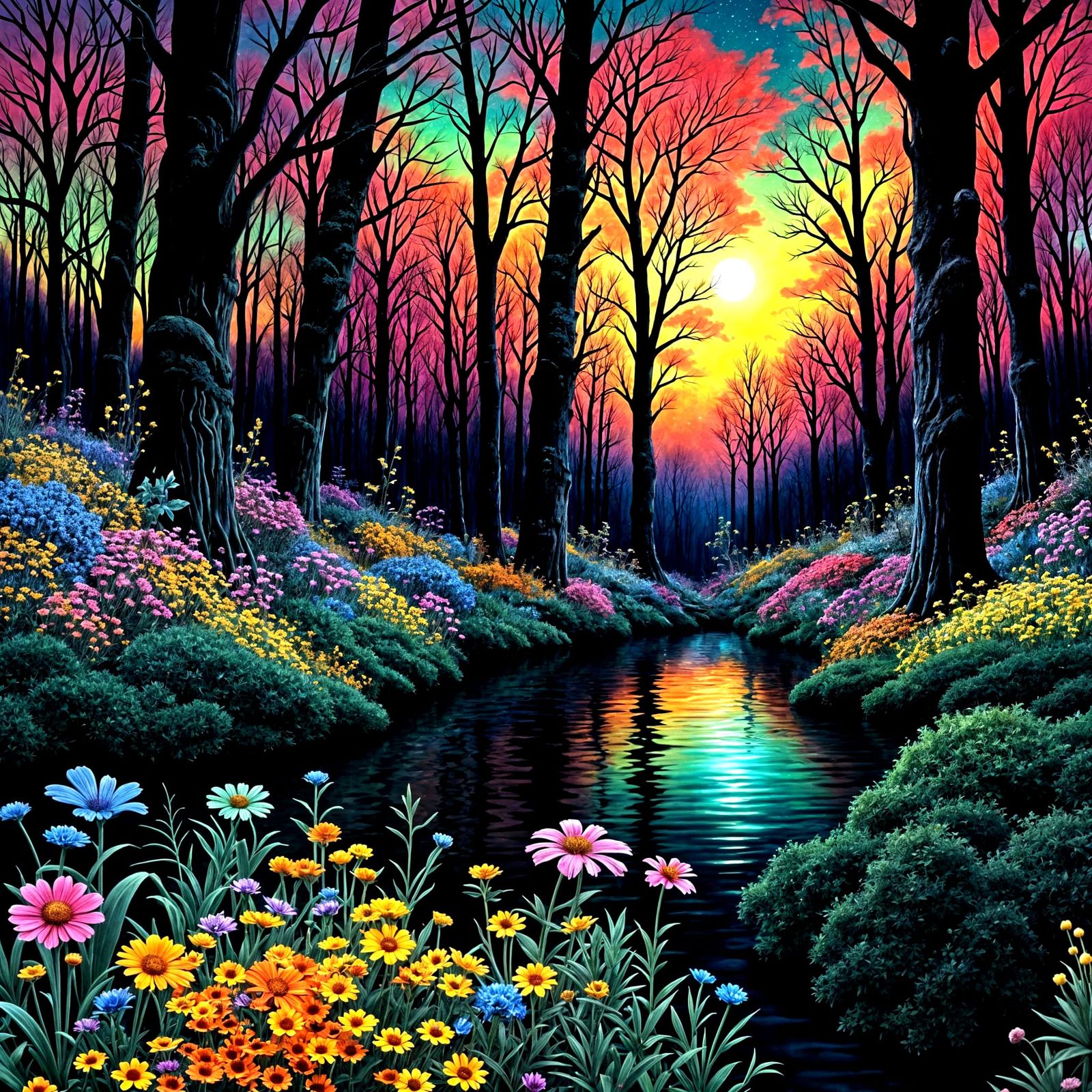 Fluorescent flowers and trees in a psychedelic fantasy forest