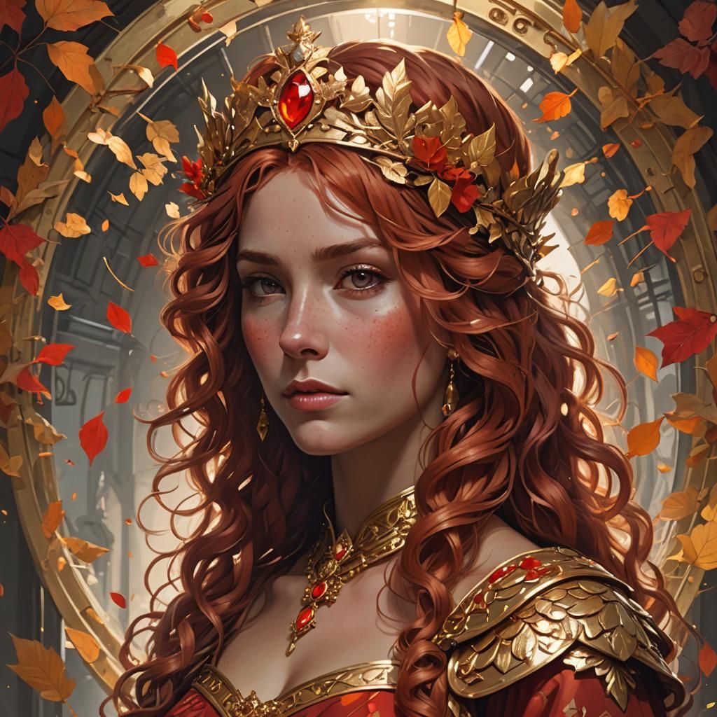 Red-Haired Queen with Crown of Autumn Leaves