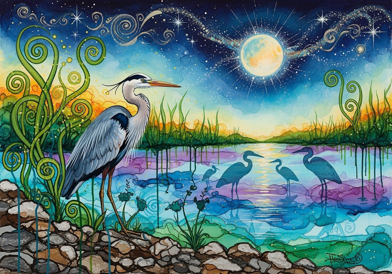 Great Blue Heron in Abstract Acrylic Wetland