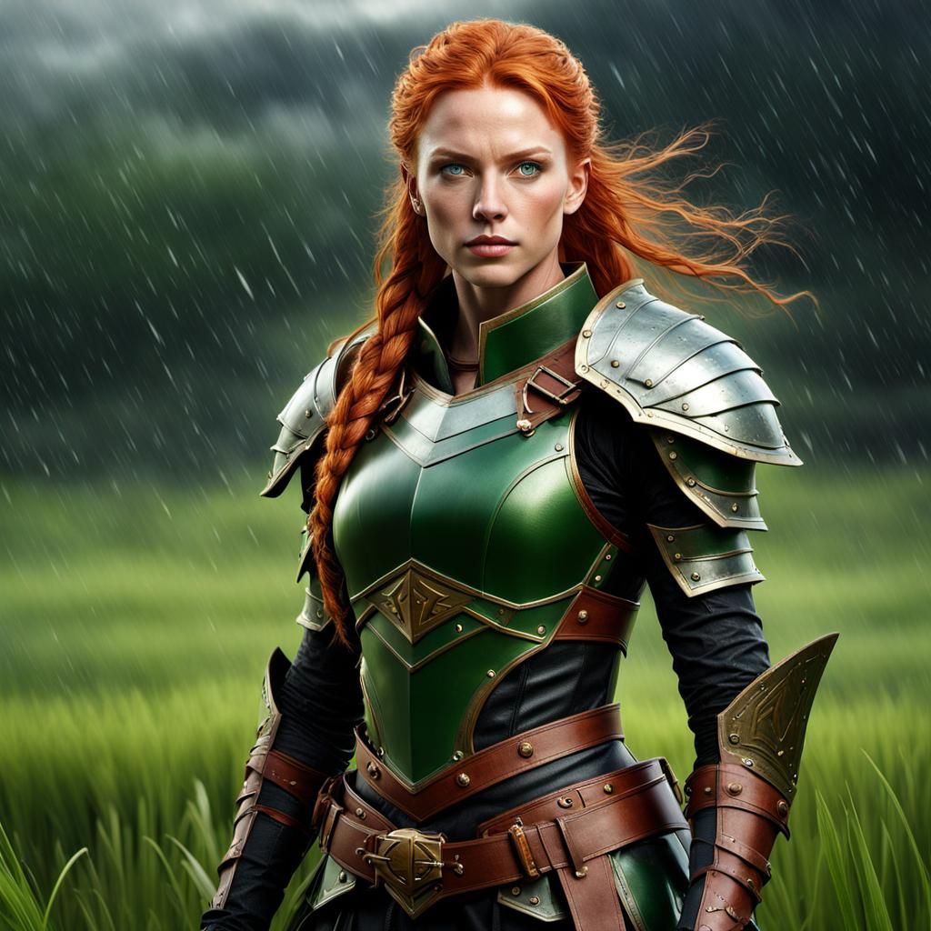 Female Warrior in Windswept Field: Fantasy Concept Art