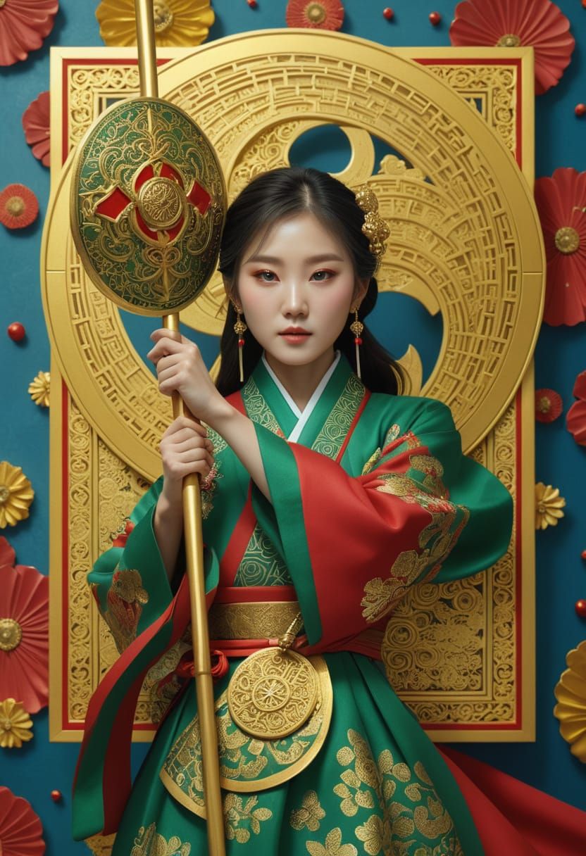 Ethereal Korean Goddess in Hanbok Regalia with Golden Accent...